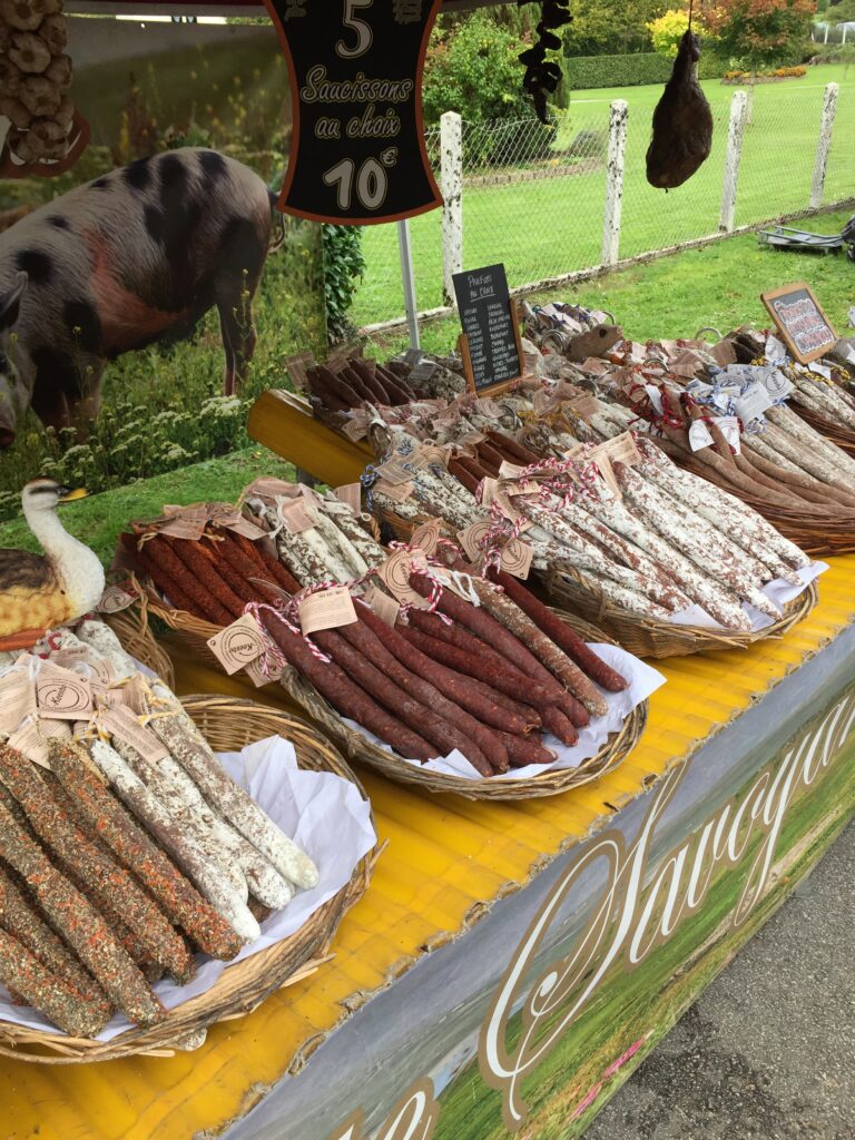 Saucisson display on a French market stall