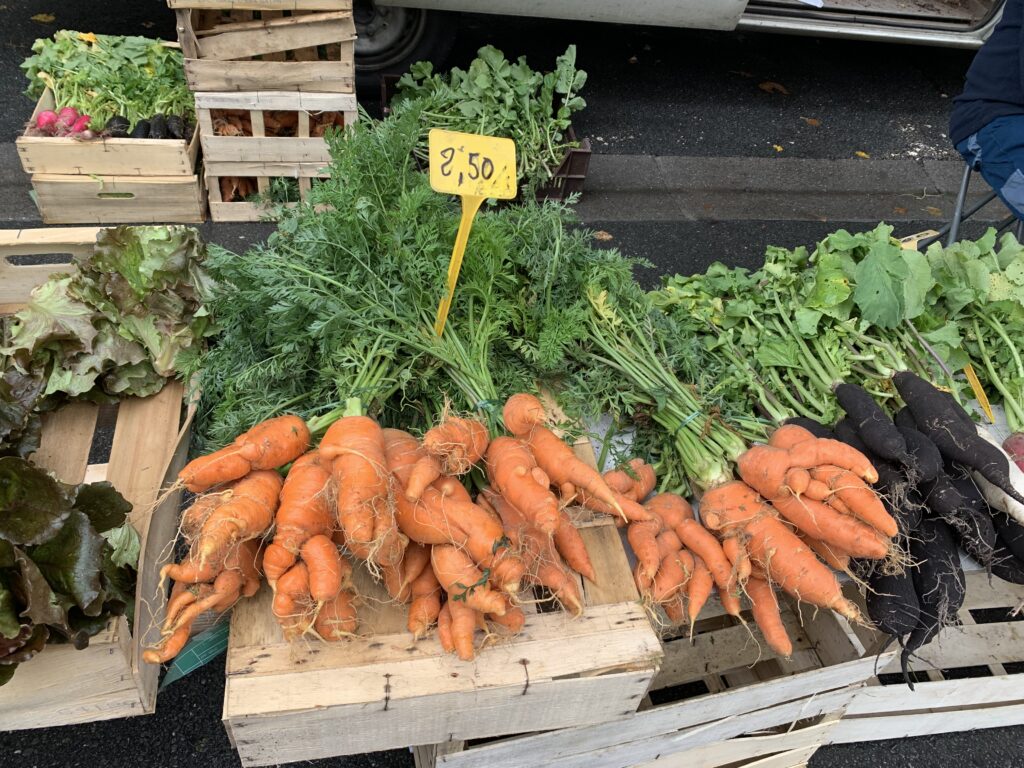 Colourful carrots at a French market stall