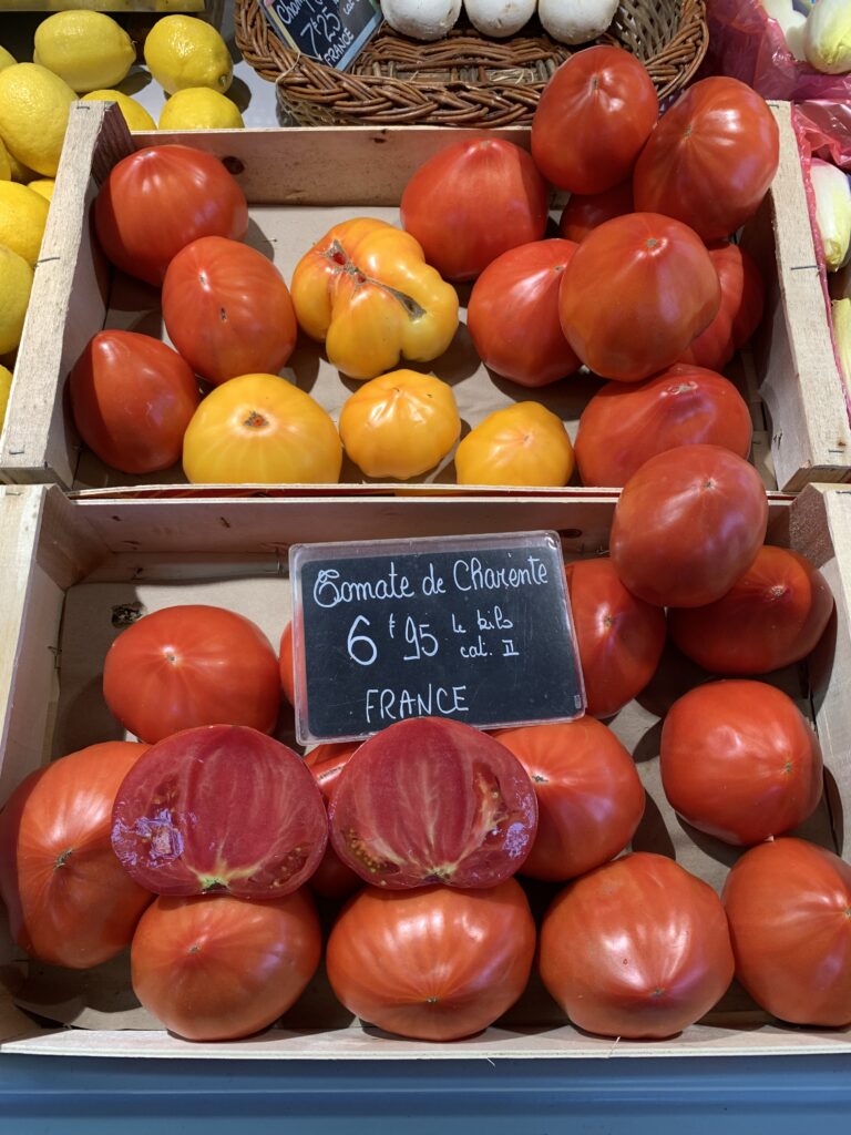 Tomatoes on a French market stall in Charente